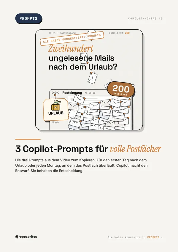 PDF-Cover: 3 Copilot-Prompts für volle Postfächer, mit dem Posteingang aus dem Video.