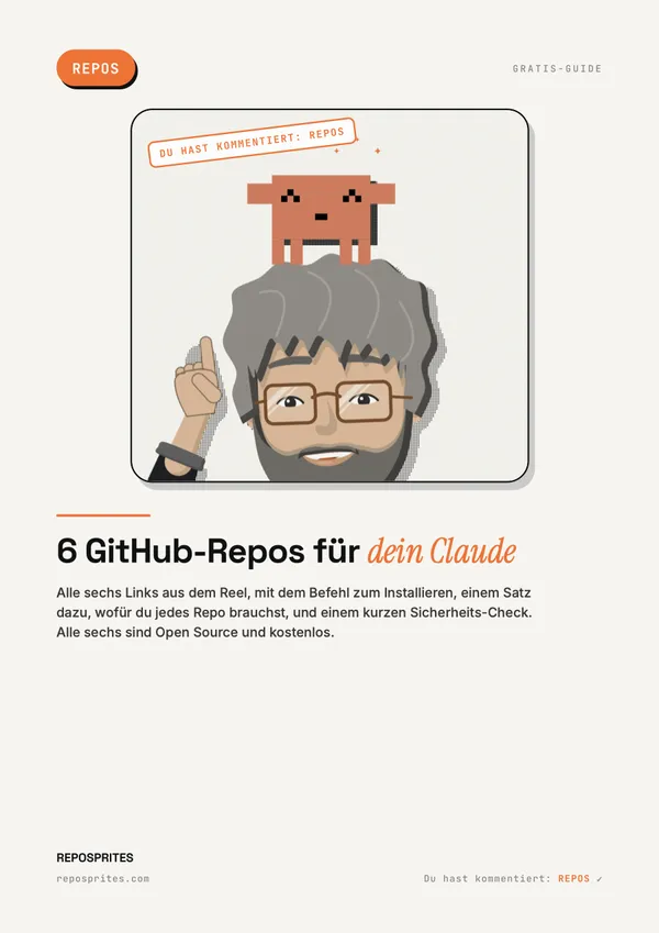 PDF-Cover: Der Mentor mit Pixel-Wesen, Titel: 6 GitHub-Repos für dein Claude.