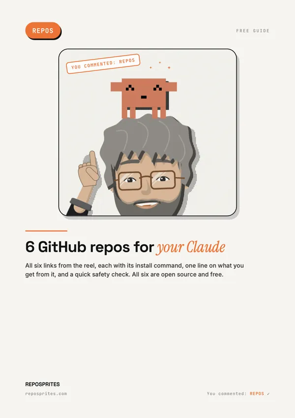 PDF cover: the Mentor with the pixel critter, title: 6 GitHub repos for your Claude.