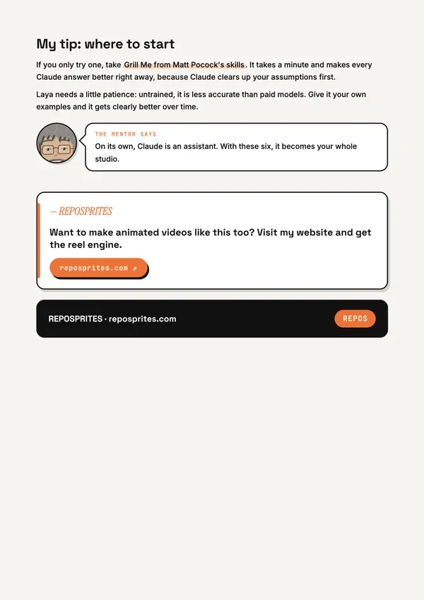 Last PDF page: a tip for getting started and a closing card with an own closing line and a link button to reposprites.com.