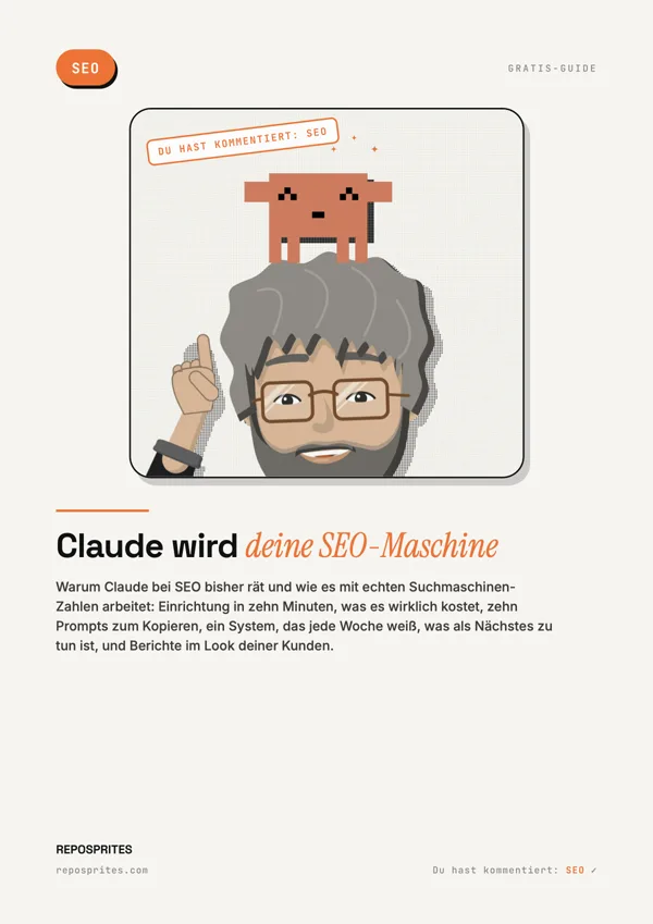 PDF cover: Claude wird deine SEO-Maschine, with the Mentor and the pixel mascot.