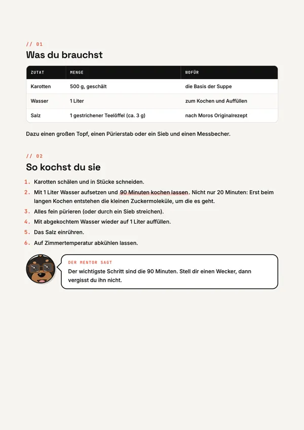 PDF-Seite mit Zutaten-Tabelle und Schritt-für-Schritt-Anleitung.