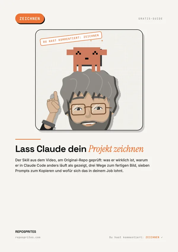 PDF cover: Lass Claude dein Projekt zeichnen, with the Mentor and the pixel mascot.