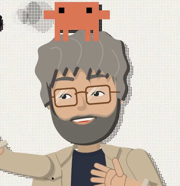 Der Mentor: Cartoon-Lehrer mit grauen Locken, Vollbart und Hornbrille, ein oranges Pixel-Wesen sitzt auf seinem Kopf.