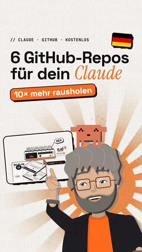 Thumbnail 1: Titel 6 GitHub-Repos für dein Claude, Sticker 10× mehr rausholen, der Mentor zeigt auf ein Bild aus dem Reel, deutsche Flagge.